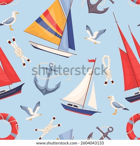 Summer seamless pattern with cartoon sailboats on blue Nautical repeat background with anchor and sea knots Marine endless design for print, fabric, textile, wrapping paper. Flat vector illustration