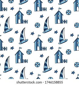 Summer seamless pattern in cartoon style on  white background with Sailboat and Hut on the beach. Abstract infinite texture.Vector illustration in shades of blue. Design for travel and beach holidays.