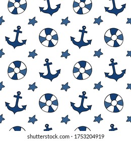 Sommernahtloses Muster im Cartoon-Stil auf weißem Hintergrund mit Anker und Lifebuy. Abstrakte unendliche Textur.Vektorgrafik in Blautönen. Design für Reisen und Strandurlaub.