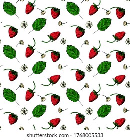 Summer seamless pattern in cartoon style on  white background with red strawberries end green leaves. Botanical vector illustration. Cute bright design for kitchen textiles, packaging paper.