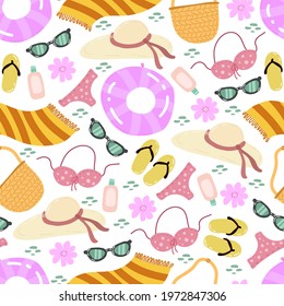 summer seamless pattern with cartoon swimsuit, sunglasses, flip-flops, swimming circle, hat, decor elements. colorful vector, flat style. design for fabric, textile, print, wrapper.
