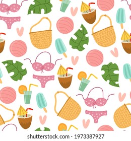 summer seamless pattern with cartoon swimsuit, ice cream, leaves, bag, ball, decor elements. colorful vector, flat style. design for fabric, textile, print, wrapper.