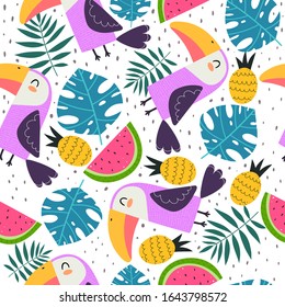 Summer seamless pattern with cartoon toucans, watermelons, pineapples, tropical leaves decor elements. colorful vector. hand drawing, flat style. design for fabric, print, textile, wrapper