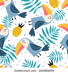 Summer seamless pattern with cartoon toucans, pineapples, tropical leaves, decor elements. colorful vector. hand drawing, flat style. design for fabric, print, textile, wrapper