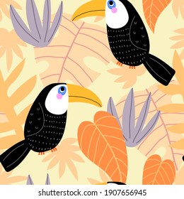 Summer seamless pattern with cartoon toucans, tropical leaves, decor elements. Colorful vector, flat style, hand drawing. baby design for fabric, print, nursery wallpaper, textile