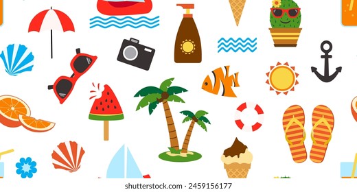 Summer seamless pattern, cartoon vacation background, cute tropical print. Funny summertime item. Watermelon, boat, ice cream, palm tree, fruit, lifebuoy. Bright travel bg. Vector illustration
