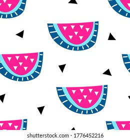 summer seamless pattern with cartoon watermelons, decor elements. colorful vector, flat style. hand drawing. design for fabric, textile, print, wrapper.