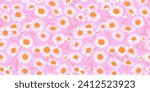 Summer seamless pattern with chamomiles floral on a pink background. Vector hand drawn sketch. Blooming meadow textured shape ditsy flowers. Design for fashion, fabric, and textile.