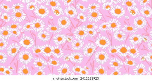 Summer seamless pattern with chamomiles floral on a pink background. Vector hand drawn sketch. Blooming meadow textured shape ditsy flowers. Design for fashion, fabric, and textile.