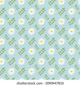 Summer seamless pattern with chamomiles and leaves. Cute romantic prince with flowers. Spring background with daisies. Vector illustration