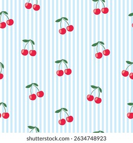 Summer seamless pattern with cherries, striped wallpaper in retro style