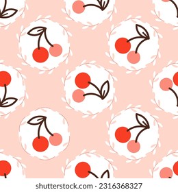 Patrón veraniego sin costuras con bayas de cerezo sobre fondo rosa. Impresión de vectores de corte dibujada en forma de doodle para productos textiles de cocina, ropa de vientre, diseño de embalaje