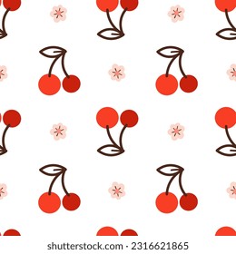 Summer seamless pattern with cherry berries on white background. Cute vector print drawn in doodle style for kitchen textile, girly clothing, packaging design