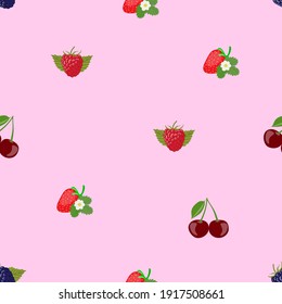 Sommernahtloses Muster mit Kirschen, Brombeeren, Erdbeeren und Himbeeren. 
