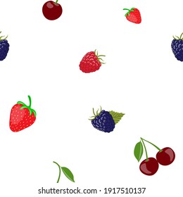 Summer seamless pattern with cherry, blackberry, strawberry and raspberry.  Isolated vector illustration on a white background.