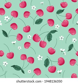 Patrón veraniego sin fisuras con cerezo y flor. Fondo de dibujos animados festivos para textiles, tela, papel decorativo. Ilustración del vector