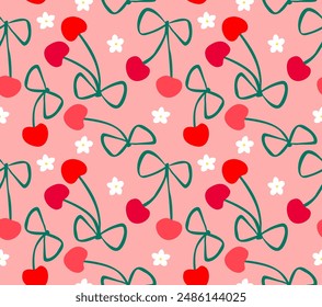 Patrón de verano sin fisuras de cereza y sus flores. Bayas rojas de cerezas y cerezas dulces sobre un fondo rosa con flores y arcos blancos. Vector estampado popular para ropa de niños y adultos, 