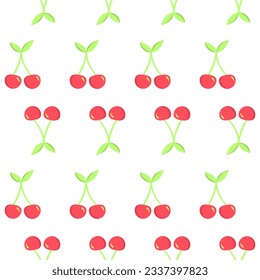 Summer seamless pattern with cherry with leaves. Sweet colorful red berries on white background. For wrapping paper, fabric, background design. Children clothes, pajamas textile 
