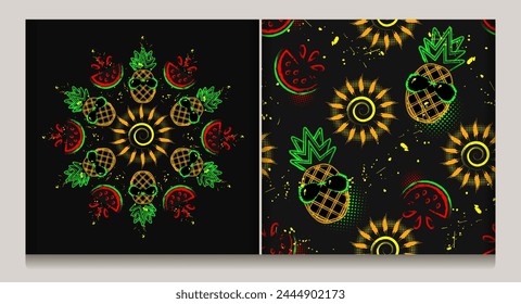 Patrón sin costuras de verano, adorno circular con iconos de piña, sandía, icono del sol, pintura salpicada. Brillantes colores fluorescentes de neón. Esquema, ilustraciones de contorno.