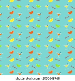 A summer seamless pattern with citrus fruits and cocktails on light blue background. Apply for bar or restaurant decoration or food illustrations .Vector illustration,eps format