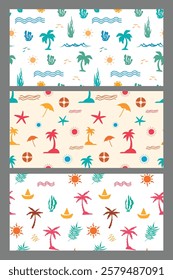 Summer seamless pattern clipart banner set. Summer wallpaper continuous decoration clip art with beach elements for holiday season vector illustration poster design.
