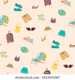 Summer seamless pattern with  clothes for  holiday by the sea.Suitcase, shorts, flip flops, swimsuit, hat.Colorful background or texture for printing on fabric and paper.Vector flat illustration.