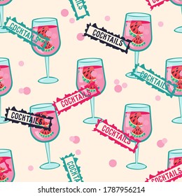 Summer seamless pattern with cocktail glasses and stamps. Fruit drink in wineglasses in design of endless repeatable texture for textile print and stationary, flat colorful illustration.