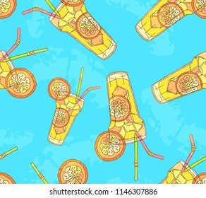 Summer seamless pattern with cocktail on blue background. Vector illustration with yellow tasty beverage with orange, straw, frozen ice cube