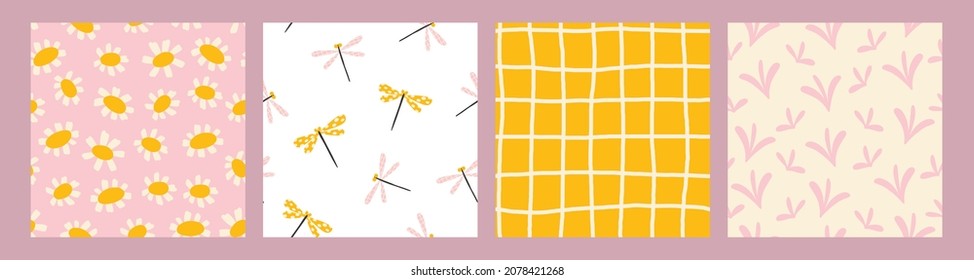 Sommernahtlose Mustersammlung - Blumen, Libellen und Gingham. Helle, handgezeichnete Insekten in trendigen Pastellfarben. Süße skandinavische Skandinavien-Drucke für Kindertextilien. Feines und trendiges Design.
