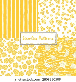 Summer seamless pattern collection. Stylized marine creature, simple abstract daisy shapes and tiny flowers, vertical stripes and wavy lines