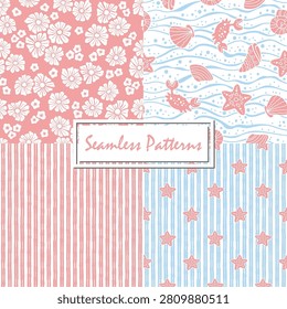 Summer seamless pattern collection. Stylized marine creature, simple abstract daisy shapes and tiny flowers, vertical stripes and wavy lines