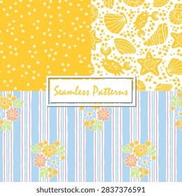 Summer seamless pattern collection. Vector patterns with stylized marine creature, simple abstract daisy shapes and tiny flowers, vertical stripes and bouquet