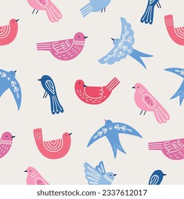 Summer seamless pattern with colorful birds on white background. Perfect for wallpaper, gift paper, greeting cards. Vector illustration