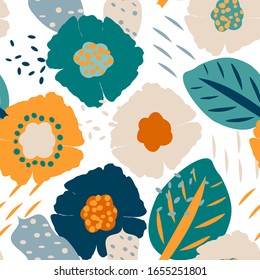 Summer seamless pattern with colorful cute flowers, vector. Cute texture with abstract hand drawn flowers. Design for fabric, wrapping paper, interior decor and more