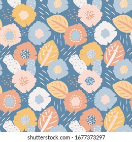 Summer seamless pattern with colorful cute flowers, vector. Cute texture with abstract hand drawn flowers. Design for fabric, wrapping paper, interior decor and more