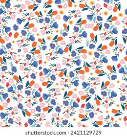 Summer seamless pattern with colorful cute flowers, vector. Cute texture with abstract hand drawn flowers. Design for fabric, wrapping paper, interior decor and more