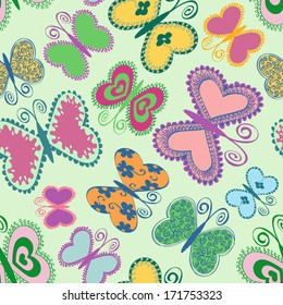 Summer seamless pattern of colorful doodle butterflies