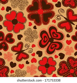 Summer seamless pattern of colorful doodle flowers and butterflies