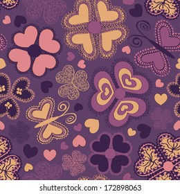 Summer seamless pattern of colorful doodle flowers and butterflies