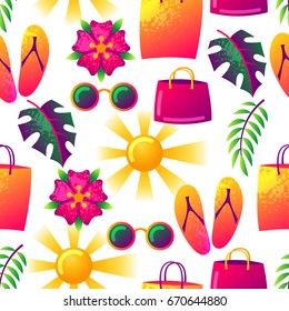 Summer seamless pattern with colorful elements. Sun, palm leaves and shopping bags.