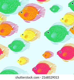Summer seamless pattern with colorful fish. Whimsical print design with swimming fish.