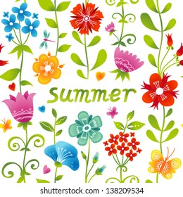 Summer seamless pattern with colorful flowers, butterflies and dragonflies.