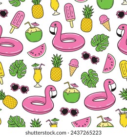 Summer seamless pattern with colorful fruit, drinks, ice cream and beach elements