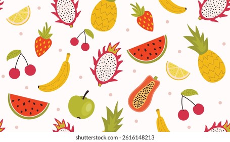 Summer seamless pattern with colorful fruits. Great for wallpaper, wrapping, gift papers, clothing, web page backgrounds, greeting cards and more.