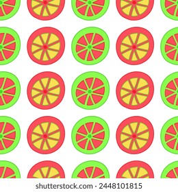 Summer seamless pattern with colorful orange, lemon, lime slices. Wrapping paper, fabric, background design. Children clothes, pajamas textile 