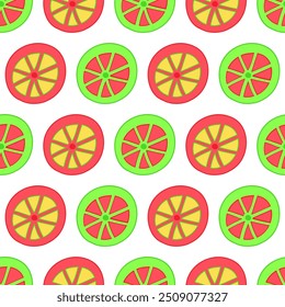 Verano sin patrón con coloridas rodajas de naranja, limón, lima. Papel de embalaje, tela, diseño de fondo. Ropa de niños, pijamas textiles 