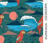 Summer seamless pattern with colorful parrot and tropical islands palms hot sun and sea ocean embroidery clothes textile print t shirt. Holiday summer chill. Retro vintage illustration graphic design.