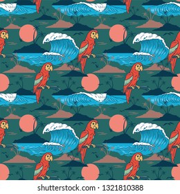 Summer seamless pattern with colorful parrot and tropical islands palms hot sun and sea ocean embroidery clothes textile print t shirt. Holiday summer chill. Retro vintage illustration graphic design.