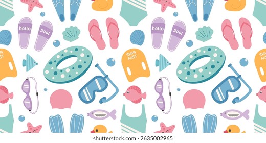 Summer seamless pattern with colorful pool and beach items. Flat hand drawn vector illustration