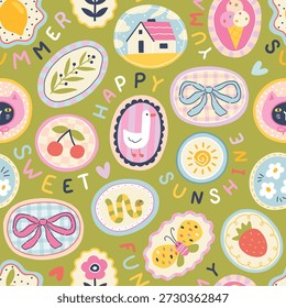 Summer seamless pattern with colorful stickers and happy lettering on green background. Whimsical naive vector illustration for kids stationery, nursery fabric, kids clothes and silly fun wallpaper